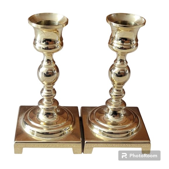 Pair of Vintage Georgian Polished Brass 5" Candle holders with Square Base New - Picture 8 of 12
